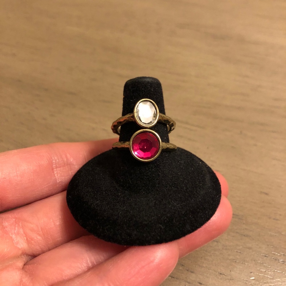 Gold Tone Rings With Hot Pink and White Faux Gemstones